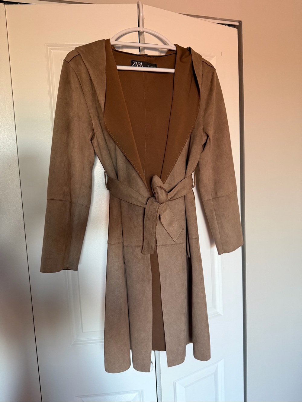 Zara Brown Faux Suede Belted Longline Coat Trench